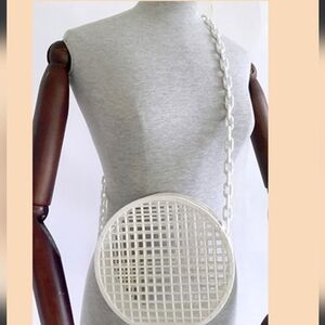 MCM White Circular Crossbody Bag. Plastic Grid w/ Unique Opening.